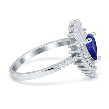 Art Deco Teardrop Pear Wedding Ring Simulated Blue Sapphire CZ 925 Sterling Silver